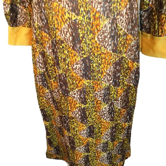 60s Mayfair Cotton Lined Yellow Fall Abstract Maxi Dress Pleated Long Sleeve - Picture 7 of 8